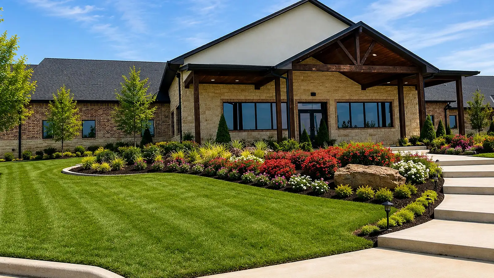 Striped green lawn curving past colorful finished flower beds and stone steps at a commercial entrance on a sunny day