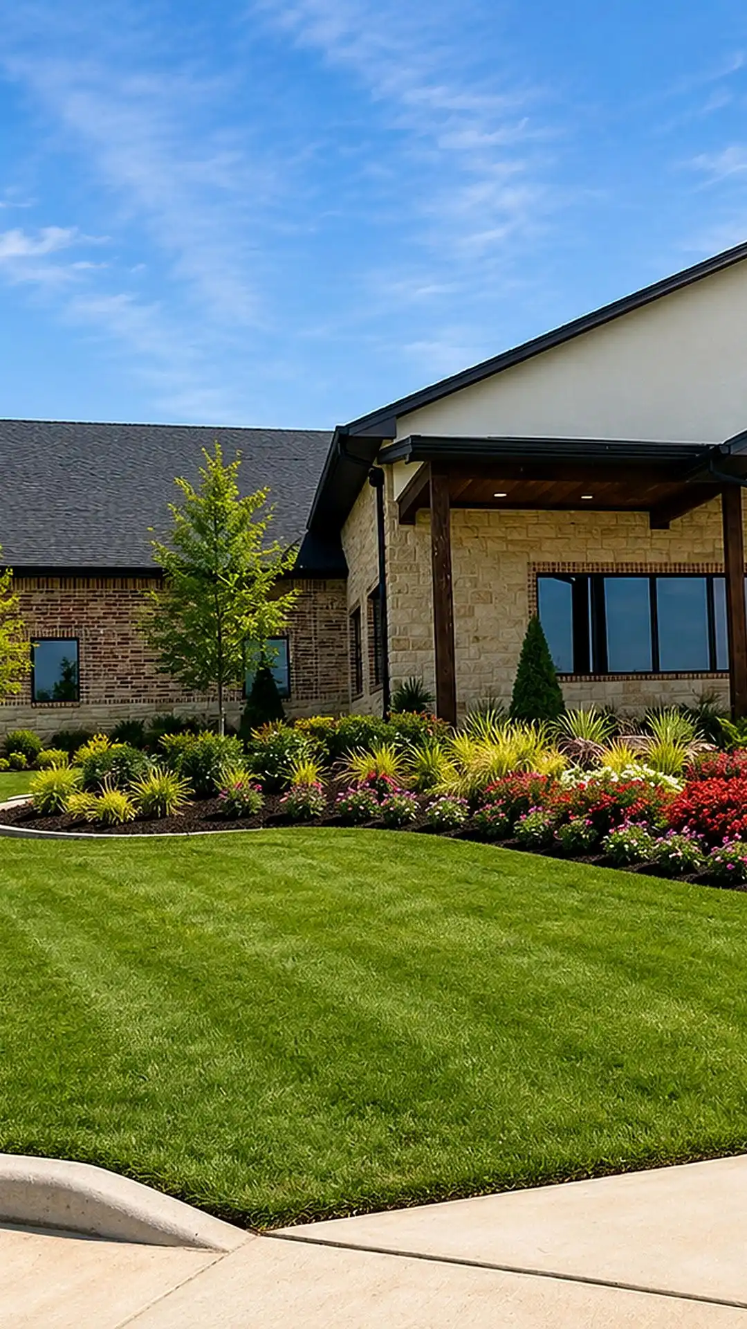 Striped green lawn curving past colorful finished flower beds and stone steps at a commercial entrance on a sunny day