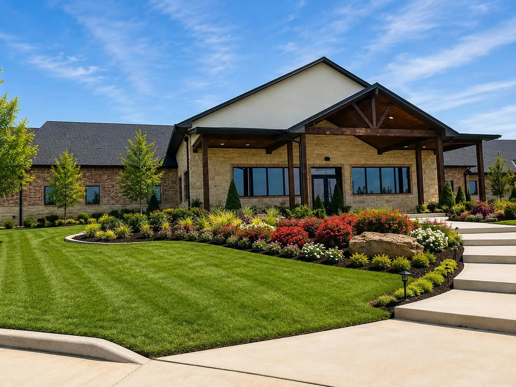 Commercial building with a gabled timber entrance, a curved bed of red, pink and white flowering shrubs and a boulder, striped lawn and concrete steps