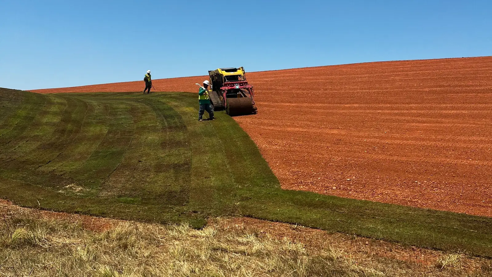 Crew in high-visibility vests laying long strips of green sod with a sod roller across a large red dirt slope under a deep blue sky