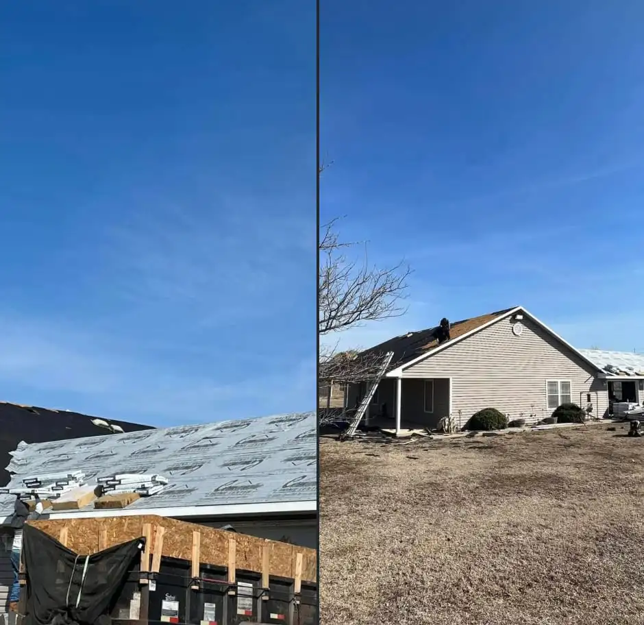 Two photos side by side of a residential roof job: on the left, a roof covered in underlayment with bundles of materials beside a dumpster trailer; on the right, a crew member on the roof of a one-story house with a ladder against the porch and shingles partly installed