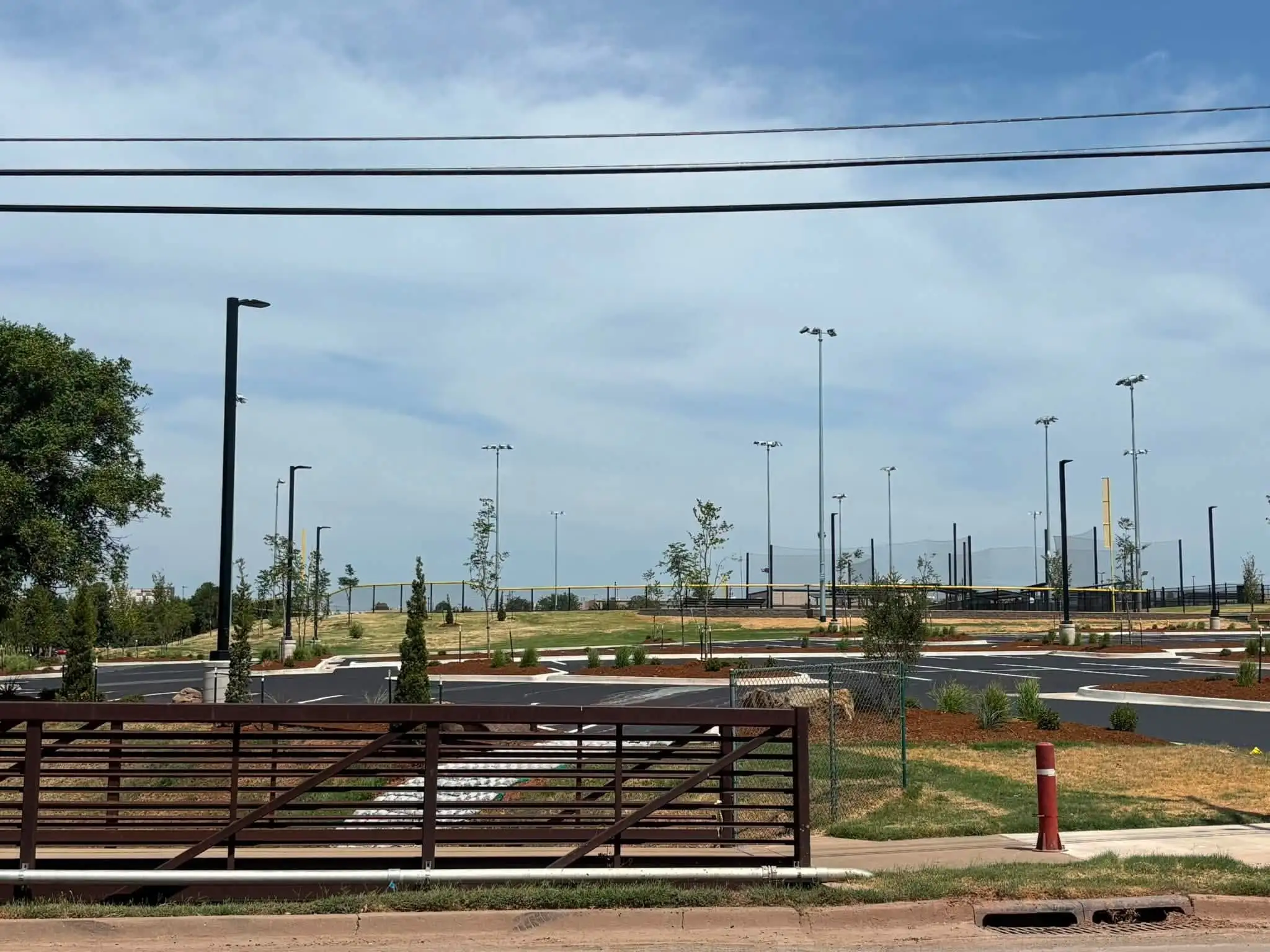 Mulched planting islands with shrubs, ornamental grasses and young trees along a new asphalt lot, seen past a rust-colored railing with ballfield lights behind