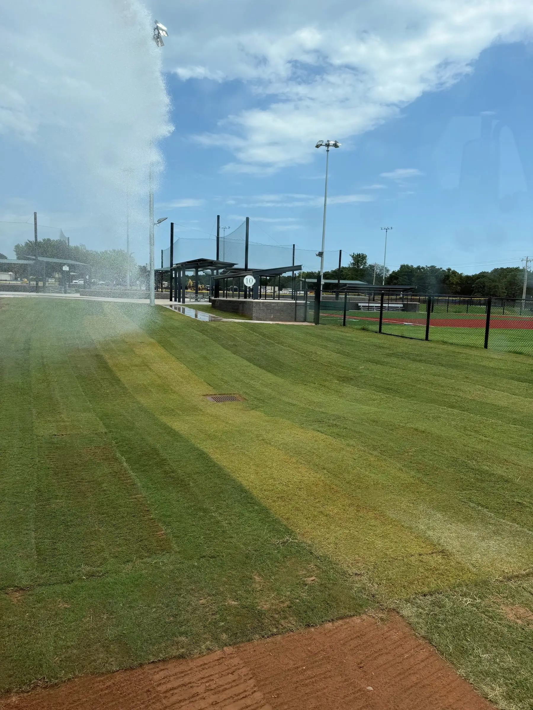 Striped new sod along a ballfield fence under a blue sky, with a sprinkler spraying across the turf