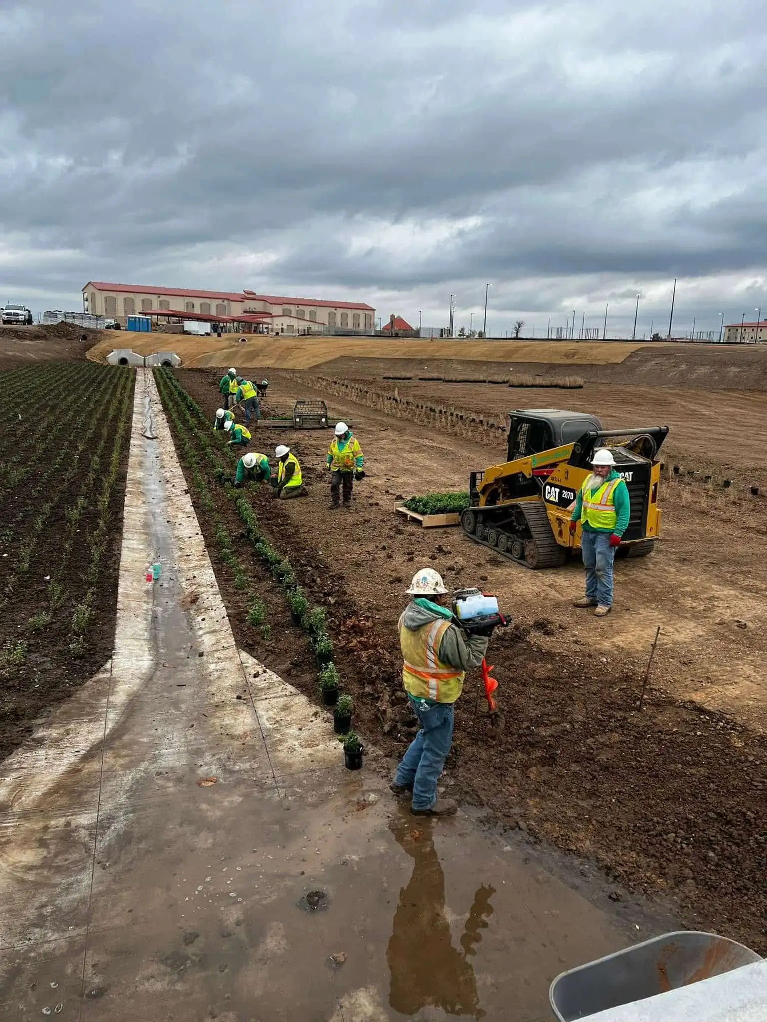 4-D crew planting rows of shrubs along a concrete drainage channel with a skid steer nearby