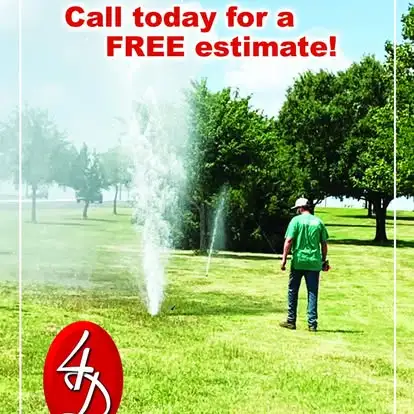 4-D advertisement: sprinklers running on a green lawn, text reads Call today for a FREE estimate