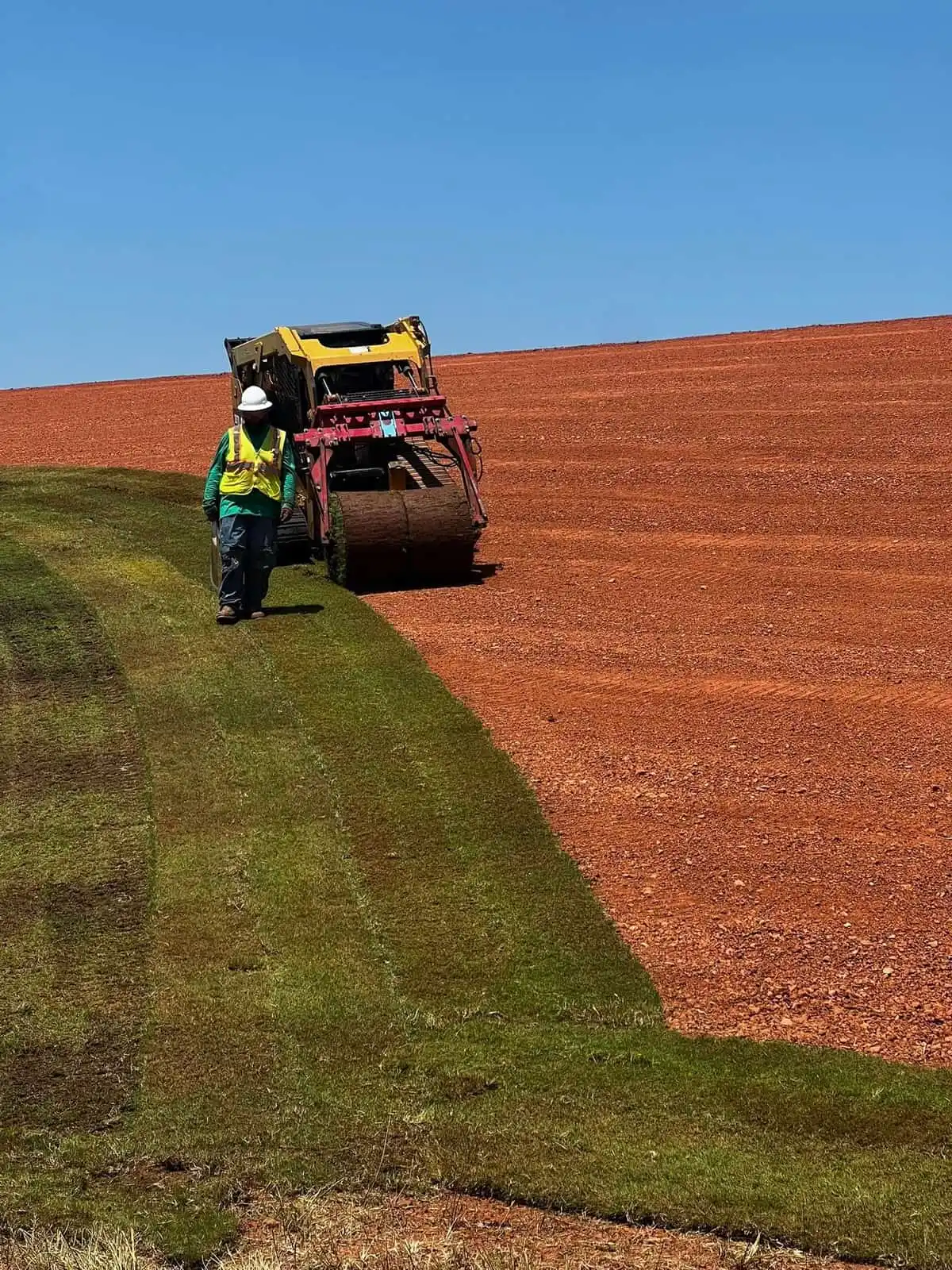 Crew member guiding a sod harvester-style machine laying rolled sod over graded red soil